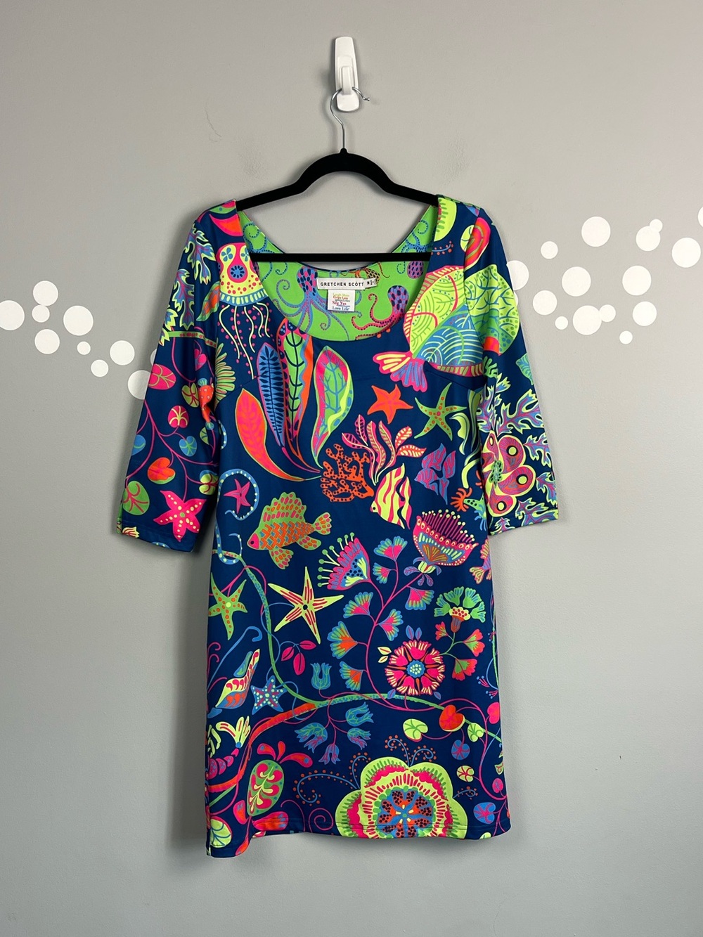 Gretchen Scott Under the Sea Shift Dress Size M Navy Tropical Octopus Fish Print